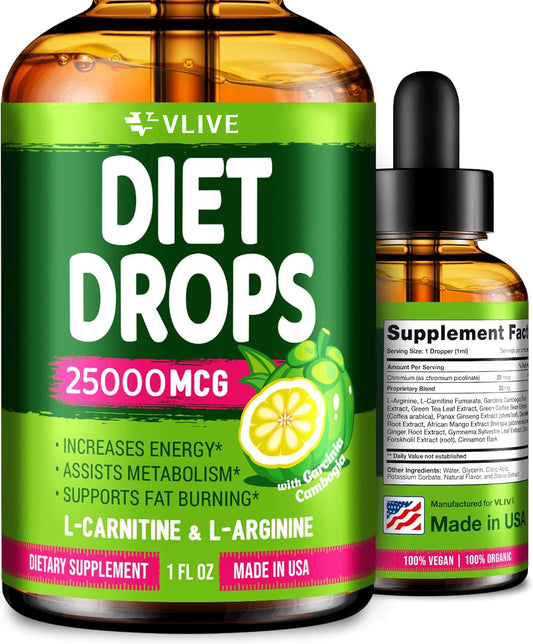 Vlivey®Natural Metabolism Booster - Fast Weight Loss - Diet Drops with Garcinia Cambogia, L-Arginine & L-Glutamine 1 Fl oz