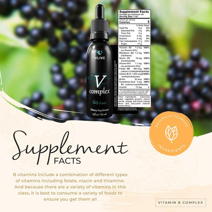 Vlivey®Vitamin B-Complex Drops, 2oz, 60 Doses, All 8 B-Vitamins, Immune Energy Support Supplement Non GMO Vegetarian Safe